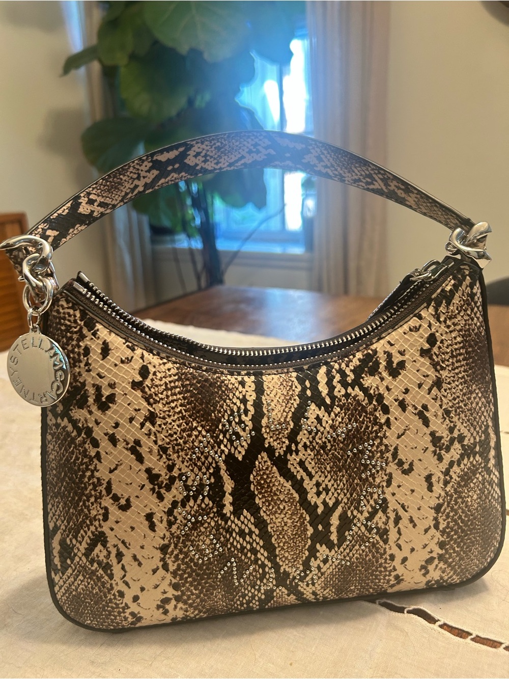 Stella McCartney Tan & Black Snake-Print Shoulder Bag